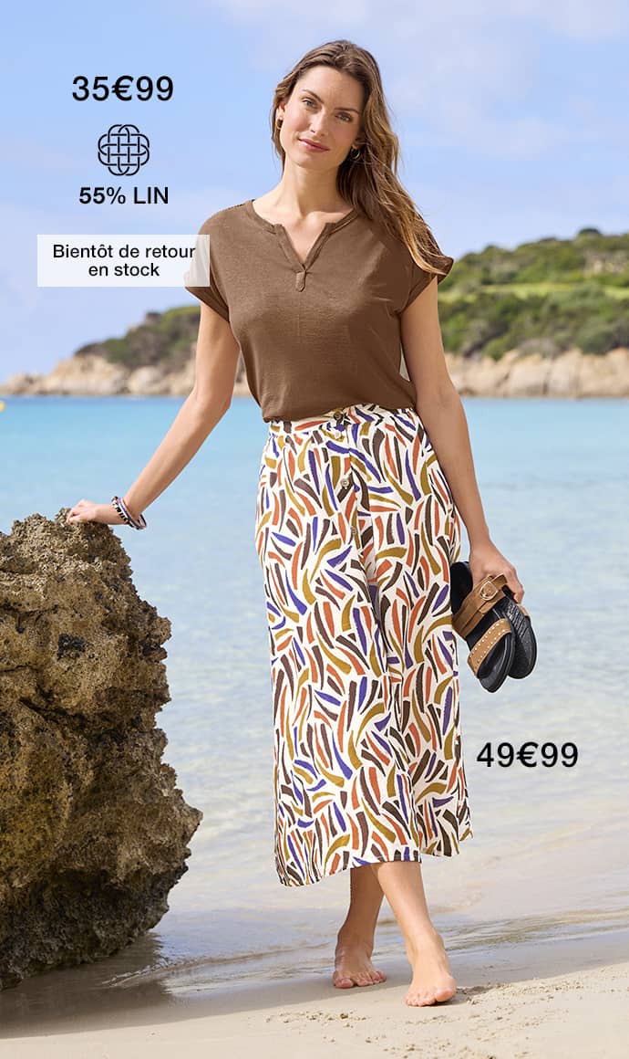 look femme t-shirt 55% lin à 35€99 et jupe à 49€99